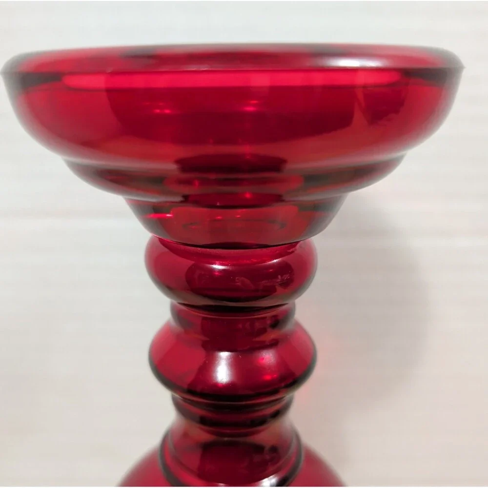 ​Ruby Red Glass Pillar Candle Holder 12